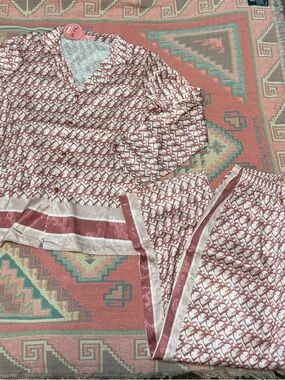 Logo-Print Satin Pajama Set in Blush and Cream